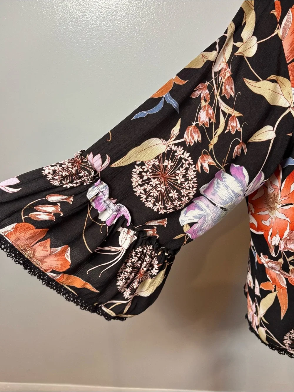 Knox Rose Open Kimono Cardigan Cover Up Sz XL Black Floral Boho 3/4 Bell Sleeve